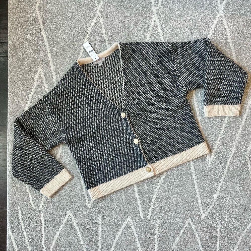 J. Crew Jacquard V-neck Lady Jacket Black & Tan Boxy Wool Blend Classic Cardigan